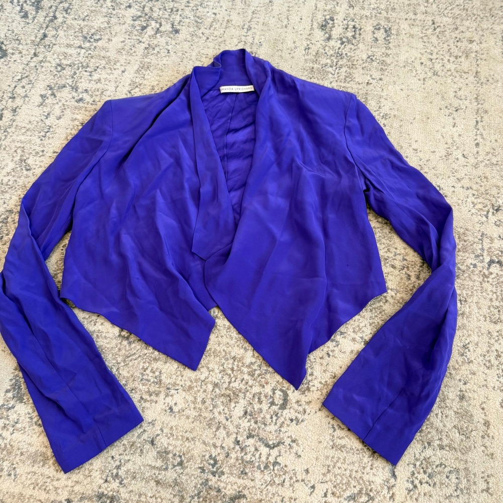 Amanda Uprichard Silk Open Front Cropped Purple Draped Asymmetrical Jacket